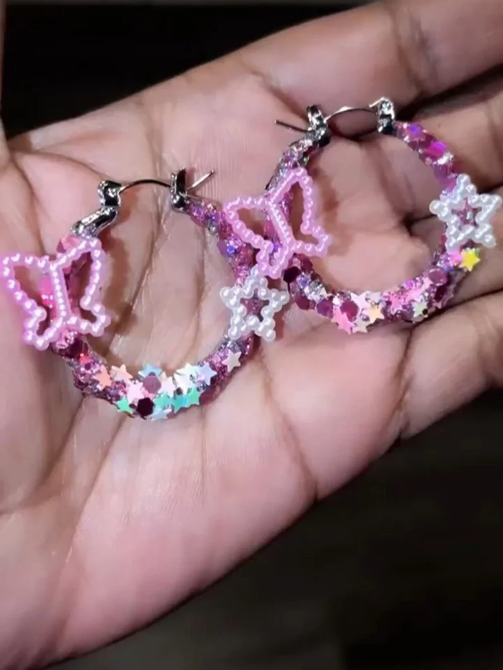 Handmade Pink Butterfly & Star Hoop Earrings - Pink Sparkle For Kids And Adults